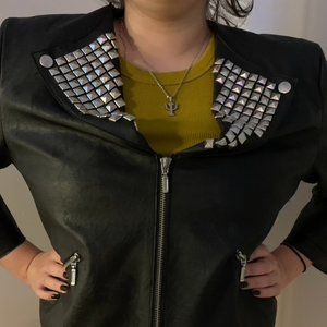 Rocker Black Leather Jacket With Metal Pins